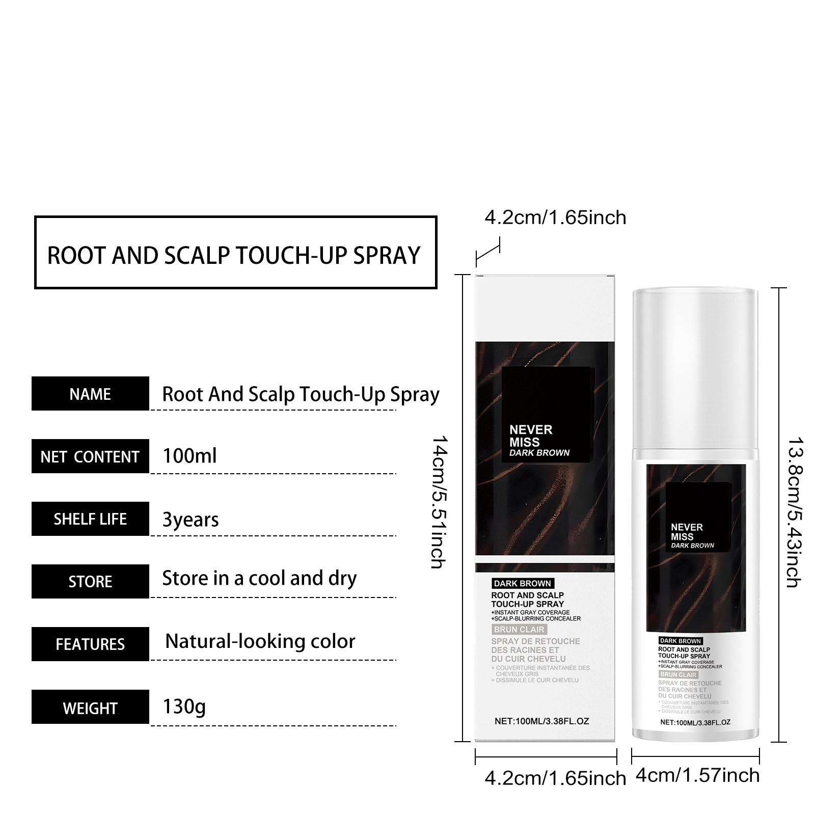 (Black) Mild Natural Disposable Portable Daily Brown Hair Color Touch Up Spray For Hair Coloring Repair
