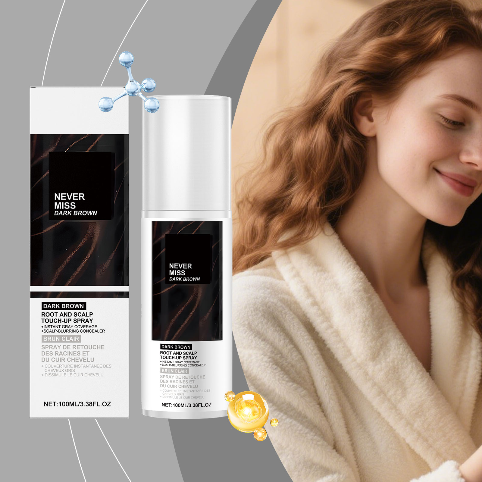 (Black) Mild Natural Disposable Portable Daily Brown Hair Color Touch Up Spray For Hair Coloring Repair