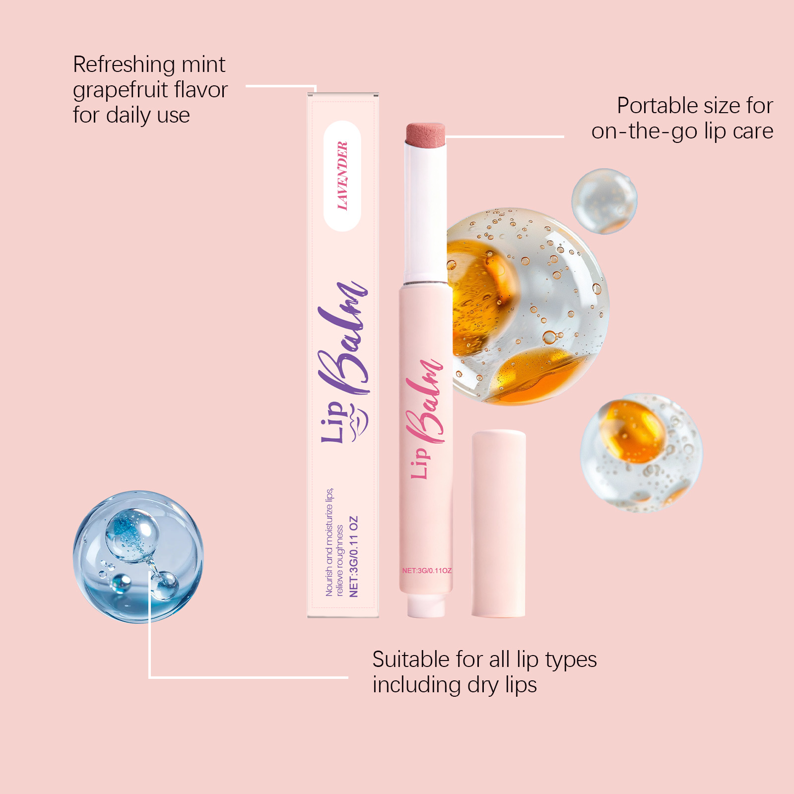 (Lavender) Multi Effect Moisturizing Lip Balm Nourish Lip Skin Hydrate Tender Delicate Daily Convenient Lip Care