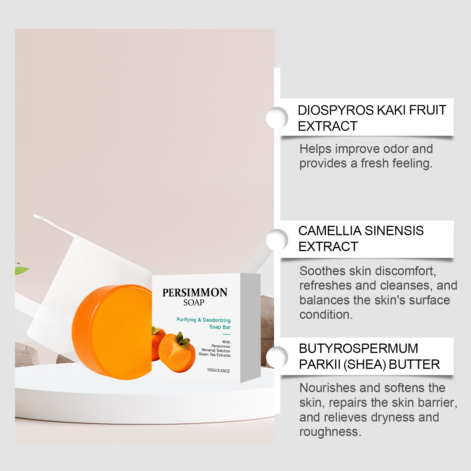 Persimmon Cleansing Soap Mild Foam Gentle Clean Daily Moisturize Body Skin Delicate Fresh Remove Odor