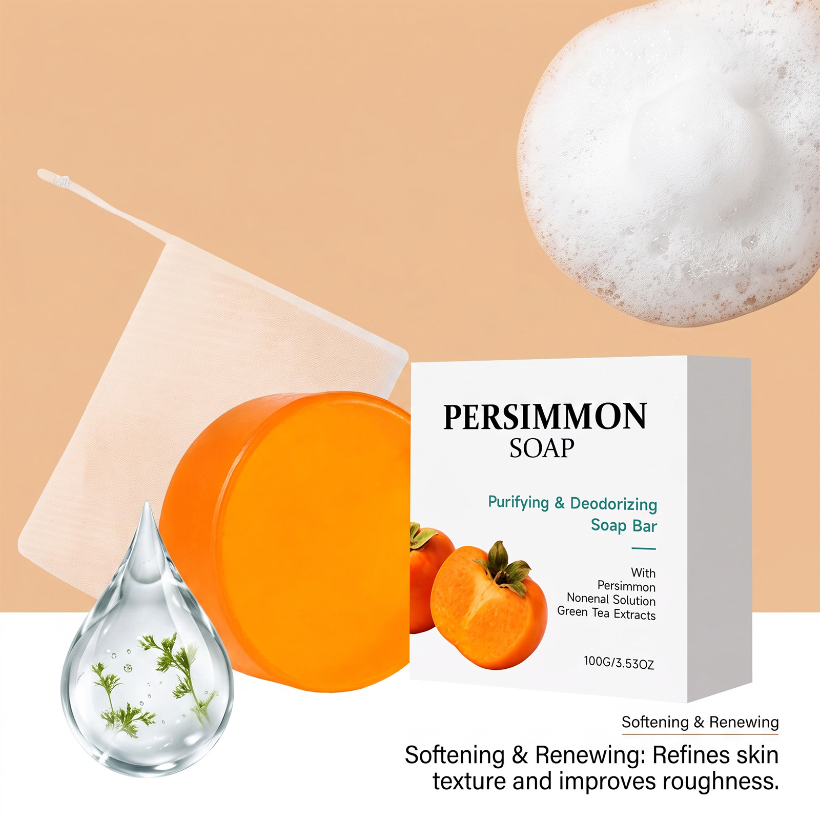 Persimmon Cleansing Soap Mild Foam Gentle Clean Daily Moisturize Body Skin Delicate Fresh Remove Odor