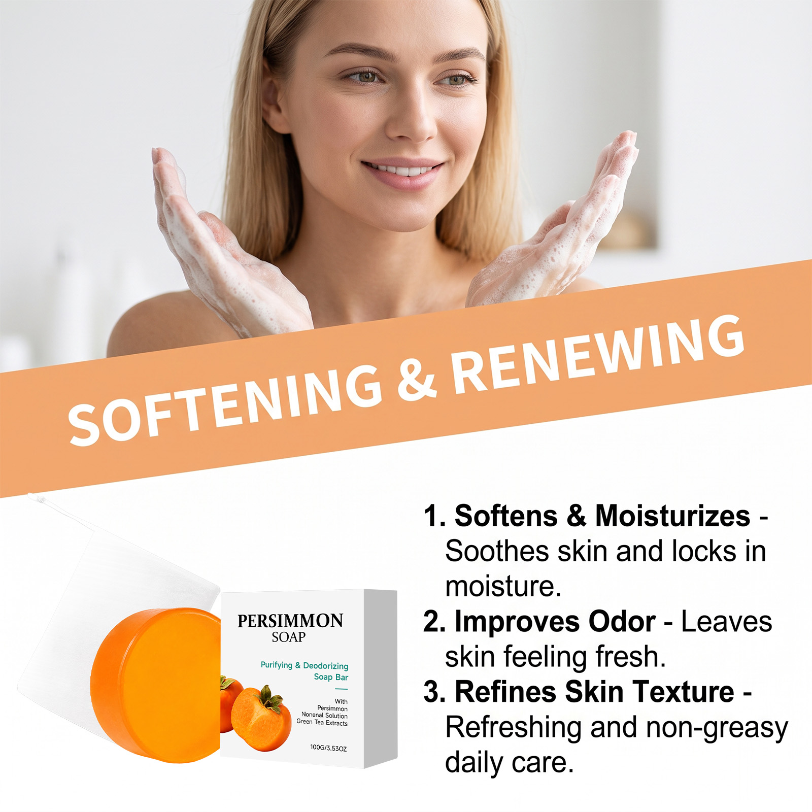 Persimmon Cleansing Soap Mild Foam Gentle Clean Daily Moisturize Body Skin Delicate Fresh Remove Odor