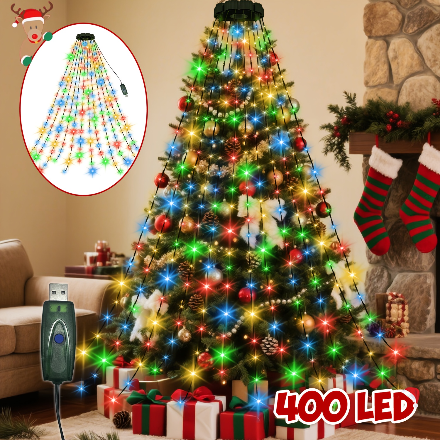 Christmas Tree Lights 400 LEDs USB Powered with Remote Control 8 Modes Indoor Outdoor Tree Top Circle Decoration