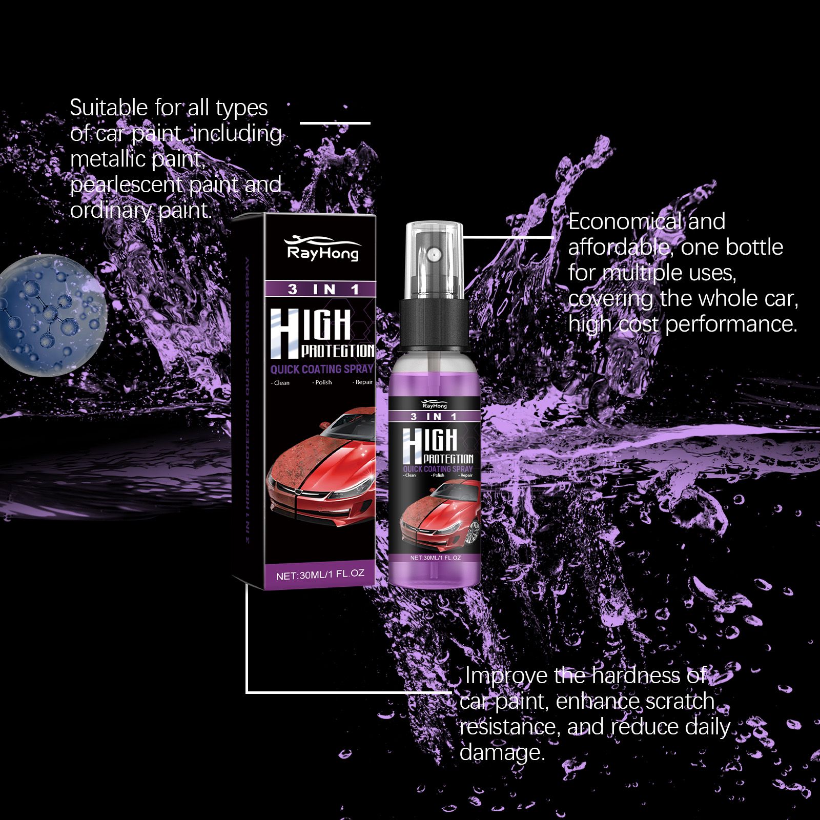 3 In 1 Car Coating Spray Quick Protection Clean Polish Color Restore For Auto Paint Care 30ml