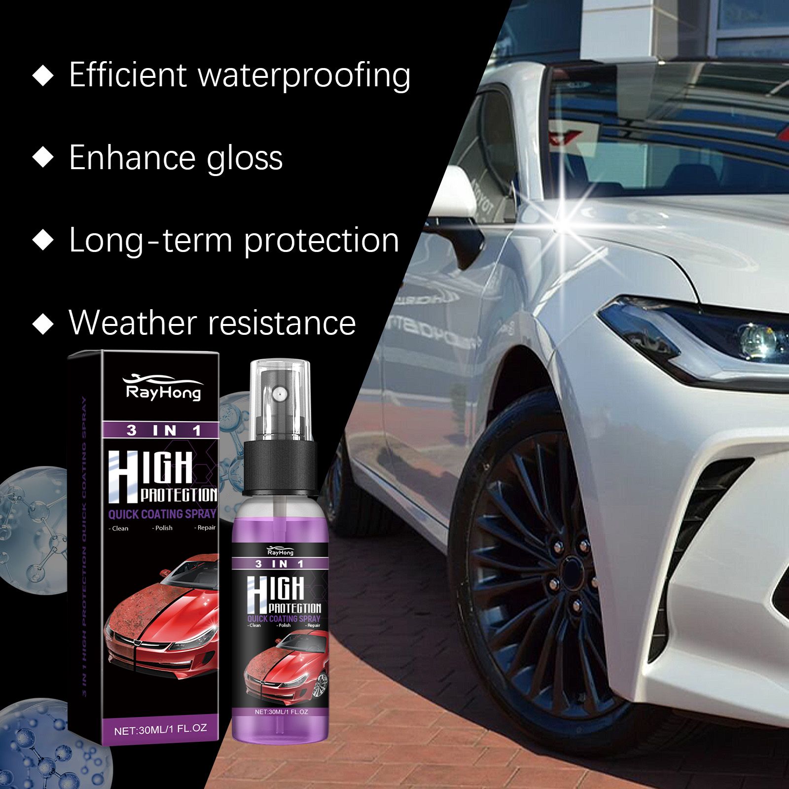 3 In 1 Car Coating Spray Quick Protection Clean Polish Color Restore For Auto Paint Care 30ml