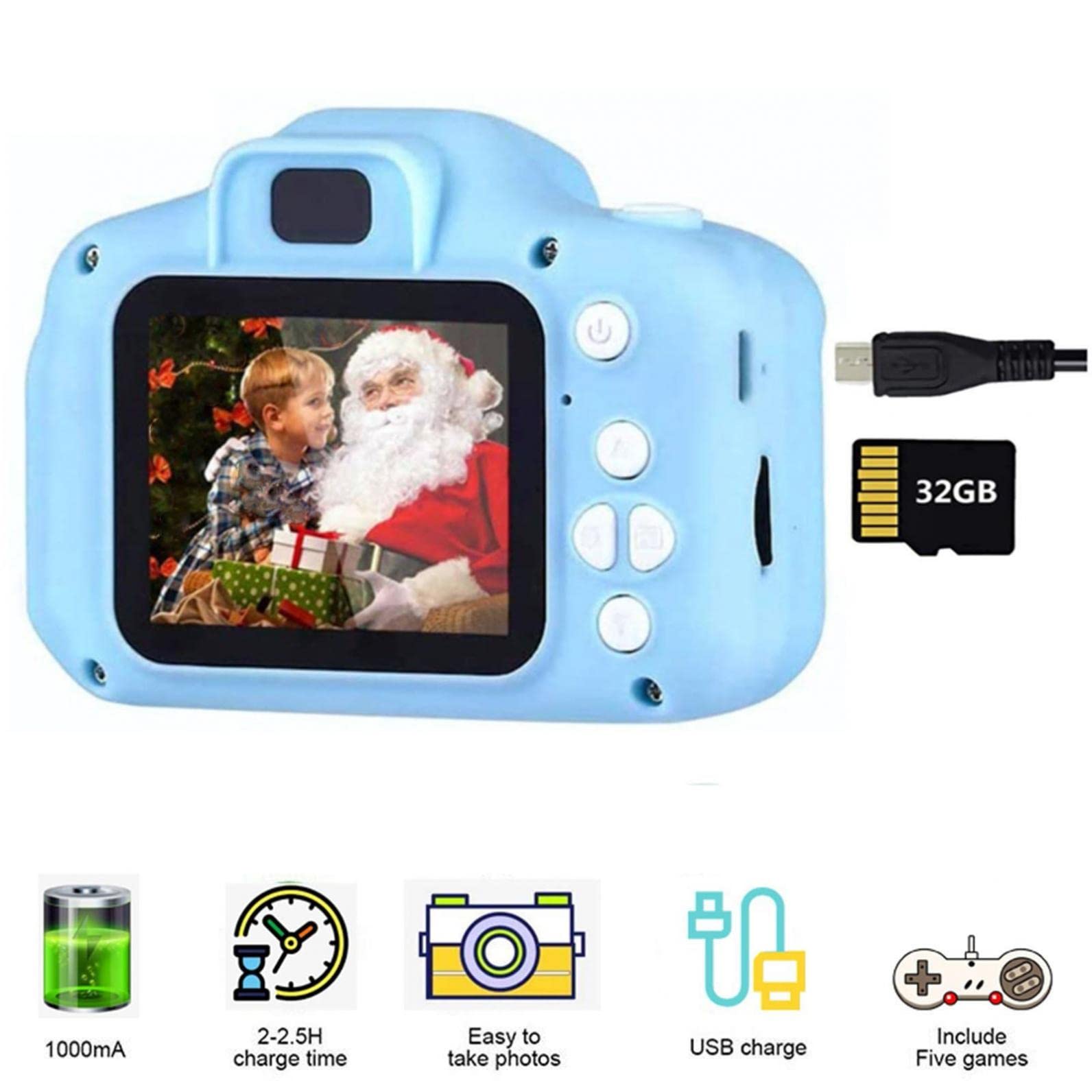 (Blue) Digital Camera Child Cartoon Outdoor Camera Children Camcorder Shockproof with 2 Inch 1080P HD Screen and 32GB SD Card Birthday Christmas Toy Gift for Kids Girls and Boys