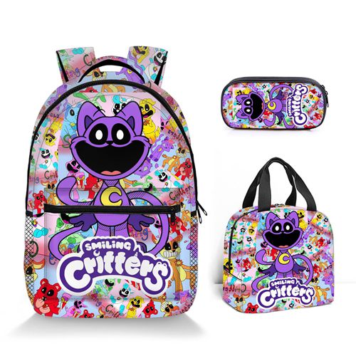 (A) 3PCS Smiling Critters Backpack Shoulder Bag Pencil Case Student Gift