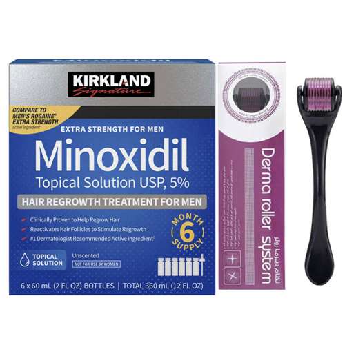 Kirkland Signature 5 Minoxidil Solution Hair Regrowth Treatment For Men- 6 Month Supply with Derma Roller New