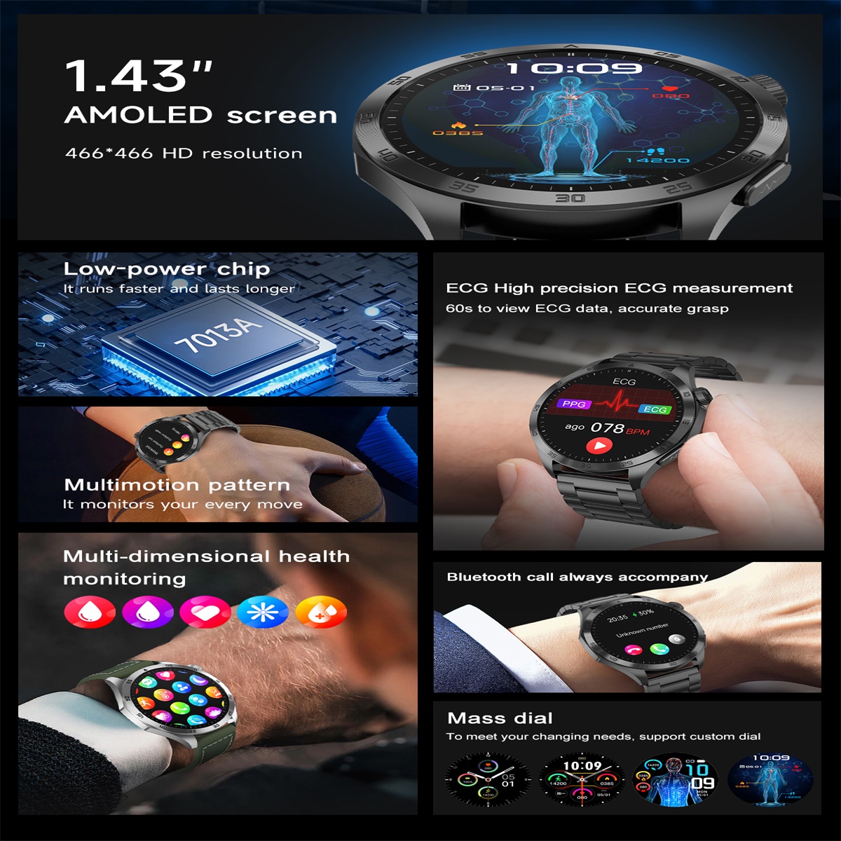 (Black Silicone) Men Smart Watch Blood Lipids Uric Acid ECG HD Screen Health Management Bluetooth Call Sports Fitness Tracker Waterproof Watches