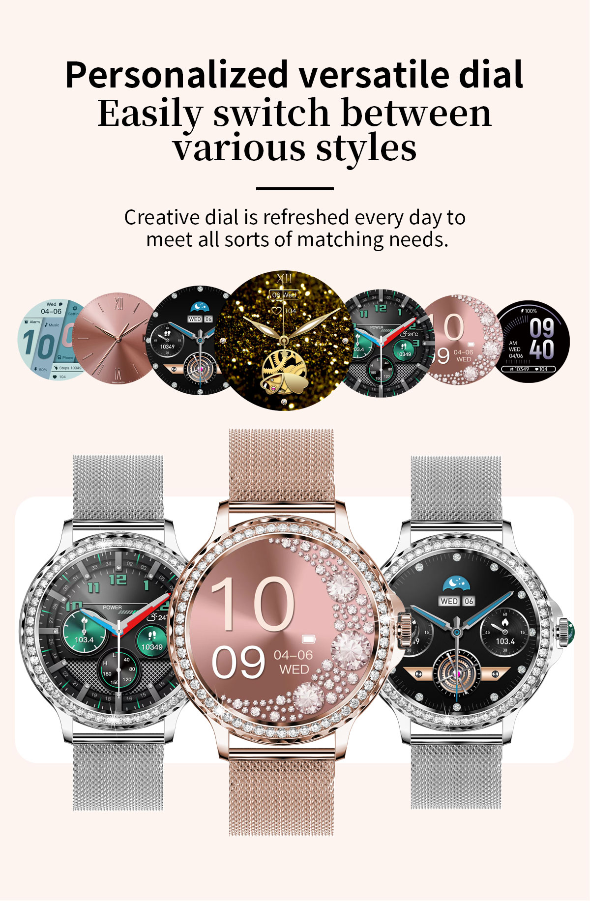 (Rose Gold) Women Smart Watch Fashion Bluetooth Call Intelligent Sports Bracelet IP68 Waterproof Watch Embedding Smartwatch for Android iOS Phones