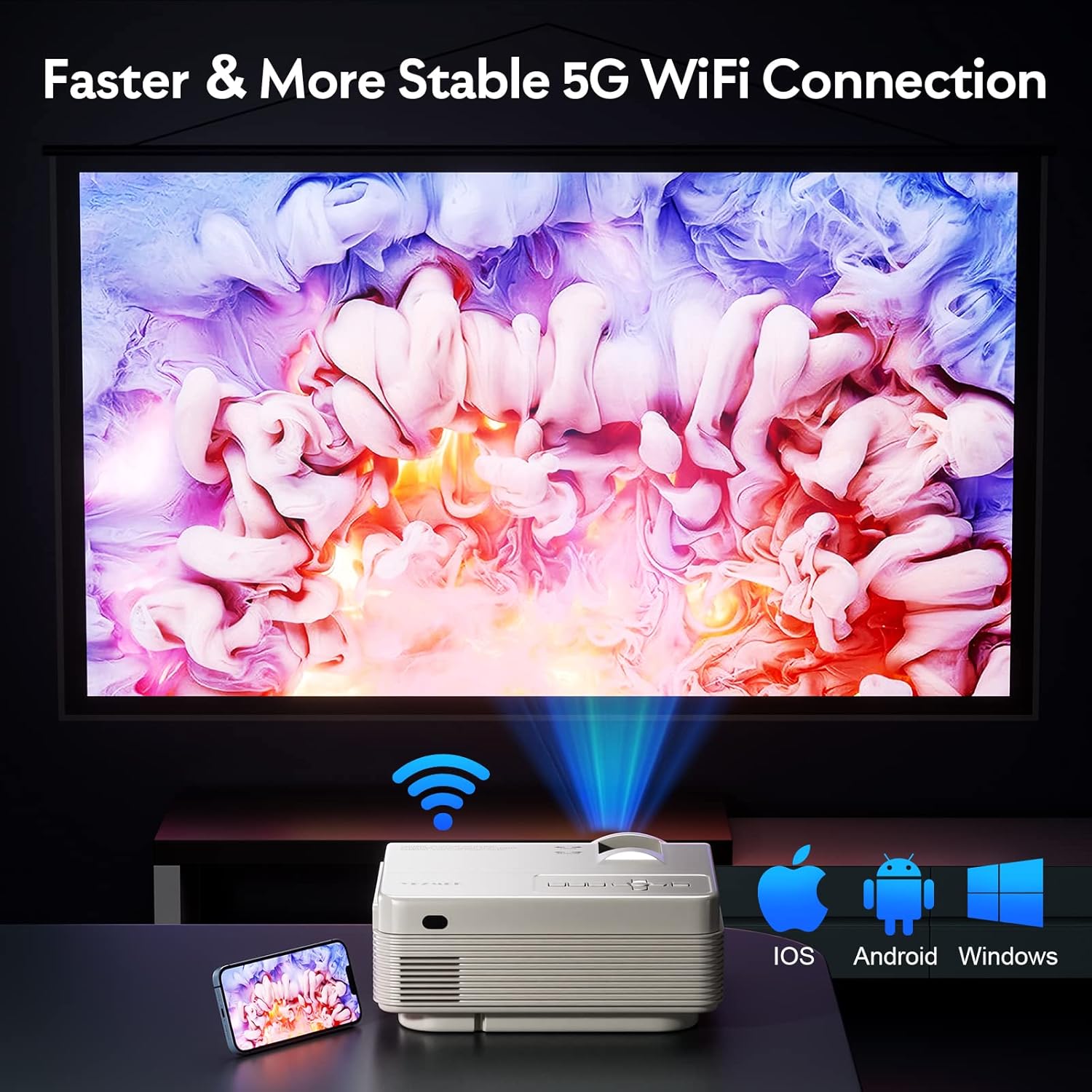 Projector Native 1080P 15000 Lumen Full HD Projector 5G WiFi and Bluetooth Mini Portable Outdoor Projector 4K Supported Movie Projector for TV Stick Smartphone Tablet Laptop HDMI USB AV