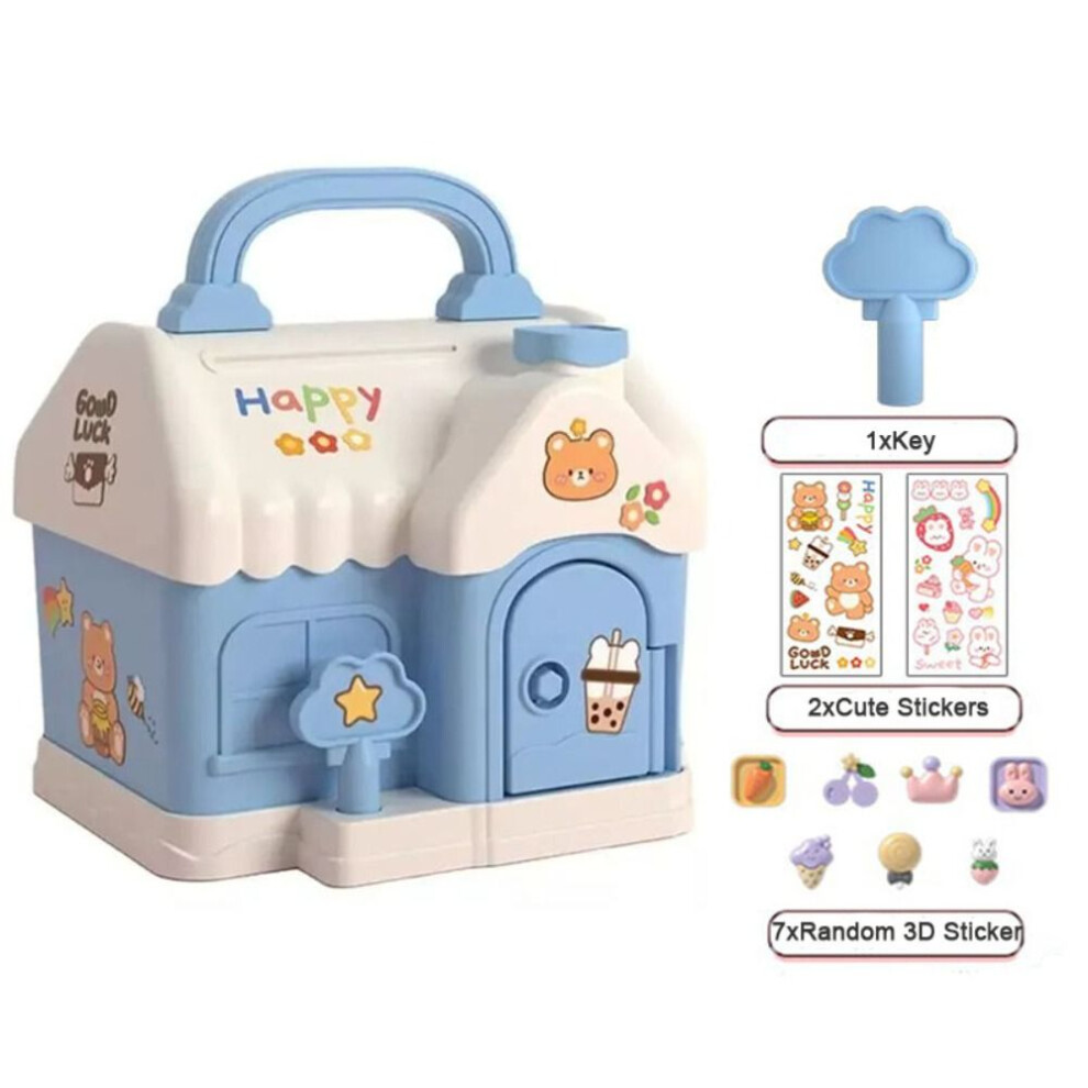 Piggy Bank House-Shaped Money Box Plastic Safe Bank Toy Coin Saving Box Key Lock Portable Coin Ban Blue