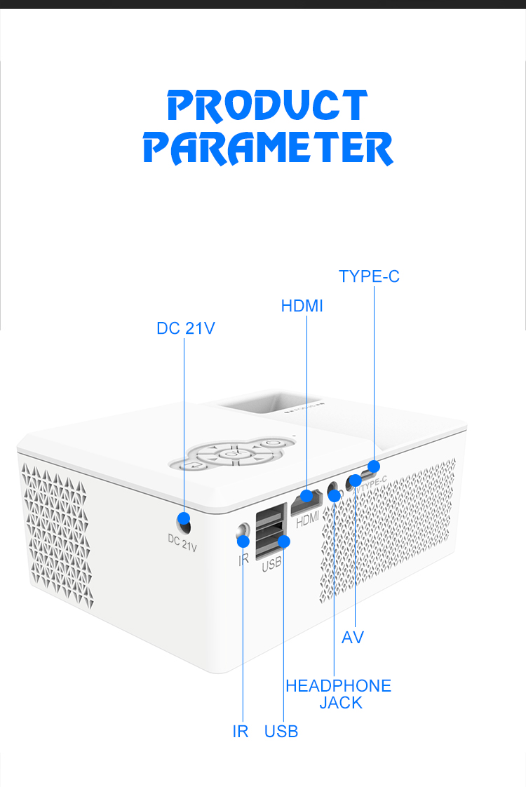 (White) Mini Portable Projector Beam Projector HD Port Support 1080P 4k Resolution Built-in Stereo Home Theater Cinema Projector Electronic LCD Theater