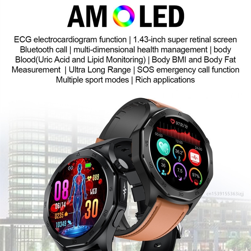 (Blue) Smart Watch Blood Sugar Diabetes Blood Fat Bluetooth Call Temperature Sleep Monitor Sports Tracker SOS