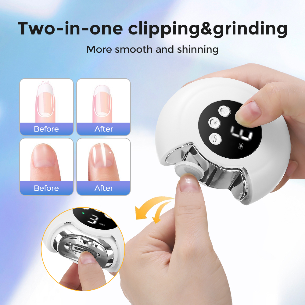 (White) 2 in 1 Rotatable Electric Nail Clipper Nail Grinder With Lighting Safety Low Noise Automatic Mini Nail Manicure Tools