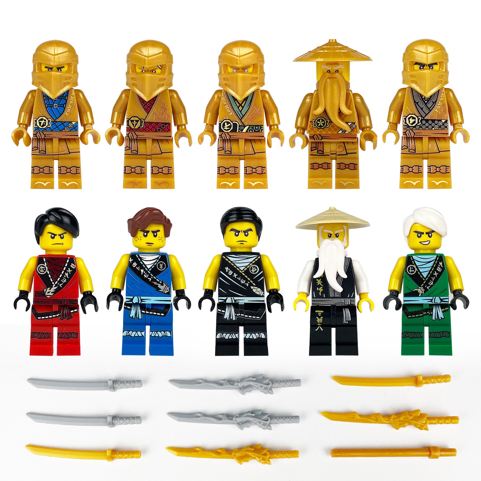 (Ninja A) Ninjago Building Blocks Master Sensei Wu Ninja Dragon Minifigure with Battle Staff Equipment Assembly Collection Set for Kids