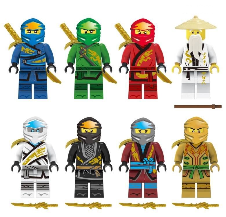 (Ninja A) Ninjago Building Blocks Master Sensei Wu Ninja Dragon Minifigure with Battle Staff Equipment Assembly Collection Set for Kids