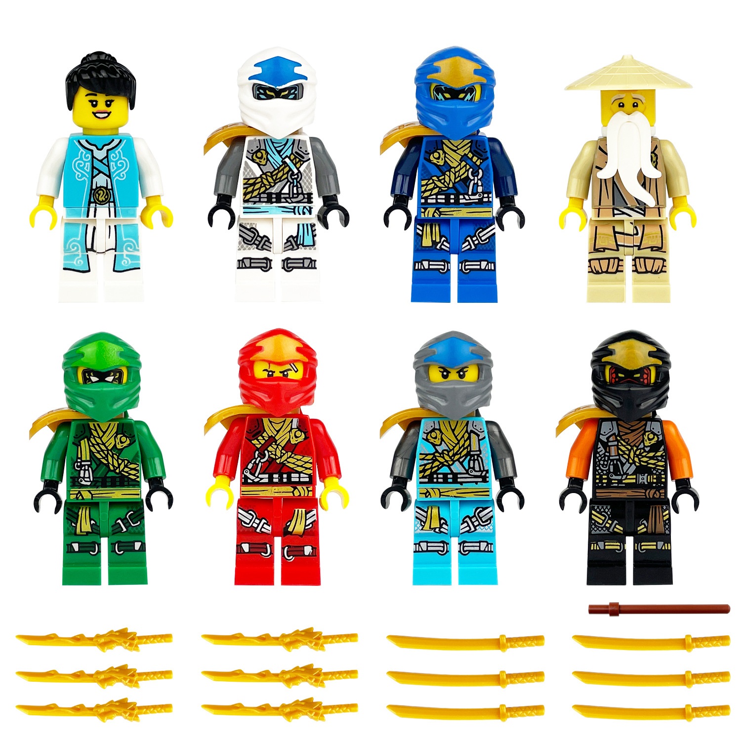 (Ninja A) Ninjago Building Blocks Master Sensei Wu Ninja Dragon Minifigure with Battle Staff Equipment Assembly Collection Set for Kids