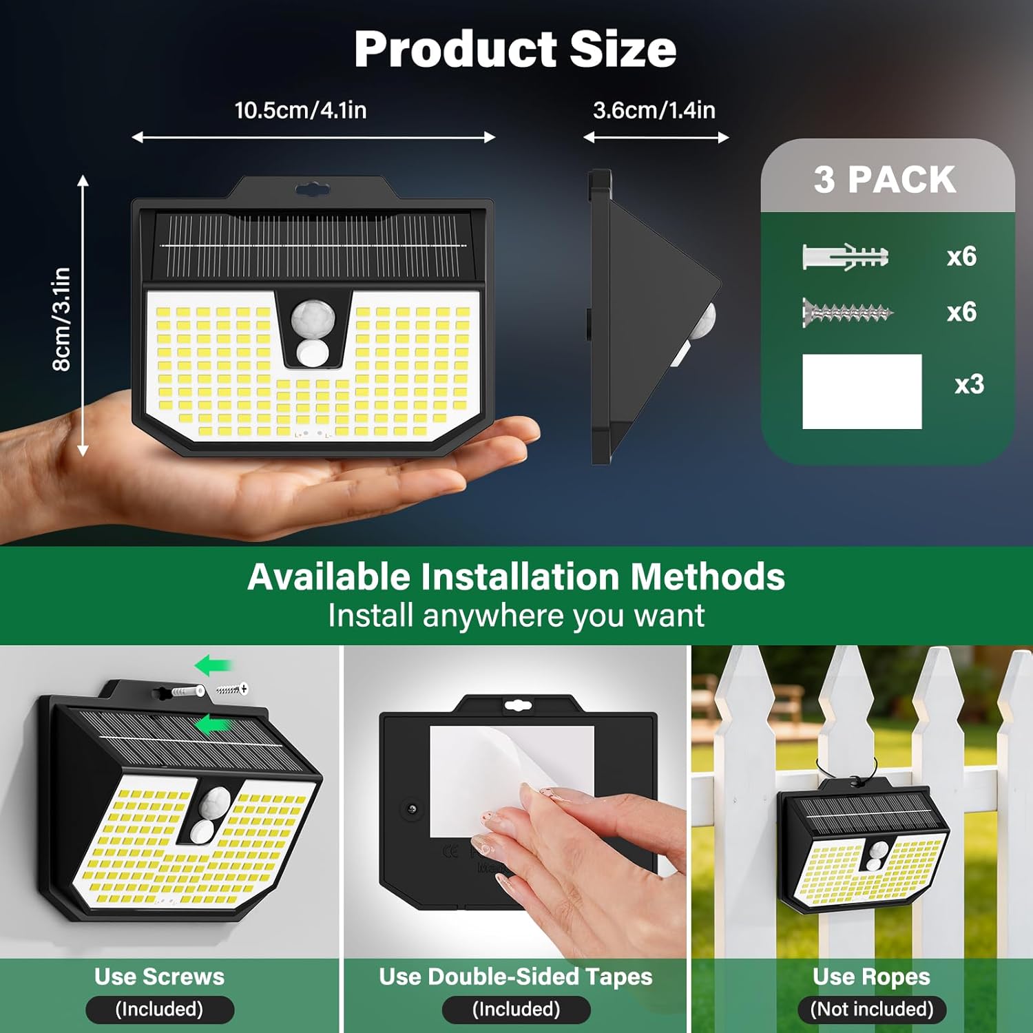 Solar Motion Sensor Lights Outdoor Garden Solar Security Fence Wall Lights 3 Modes 132 LED Solar Powered Outside Lights IP65 Waterproof for Garden Front Door 