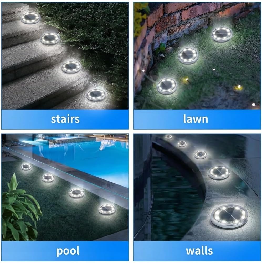 (Cool White) 6PCS Solar Floor Lights Outdoor 8 LED Lights Waterproof Outdoor Light IP68 Garden Light Stainless Steel Solar Lamp for Walkway Terrace Outdoor Lawn Entrance