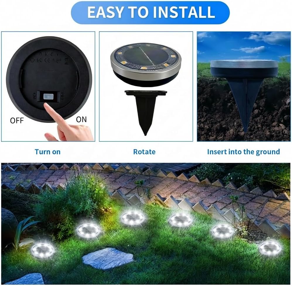 (Cool White) 6PCS Solar Floor Lights Outdoor 8 LED Lights Waterproof Outdoor Light IP68 Garden Light Stainless Steel Solar Lamp for Walkway Terrace Outdoor Lawn Entrance