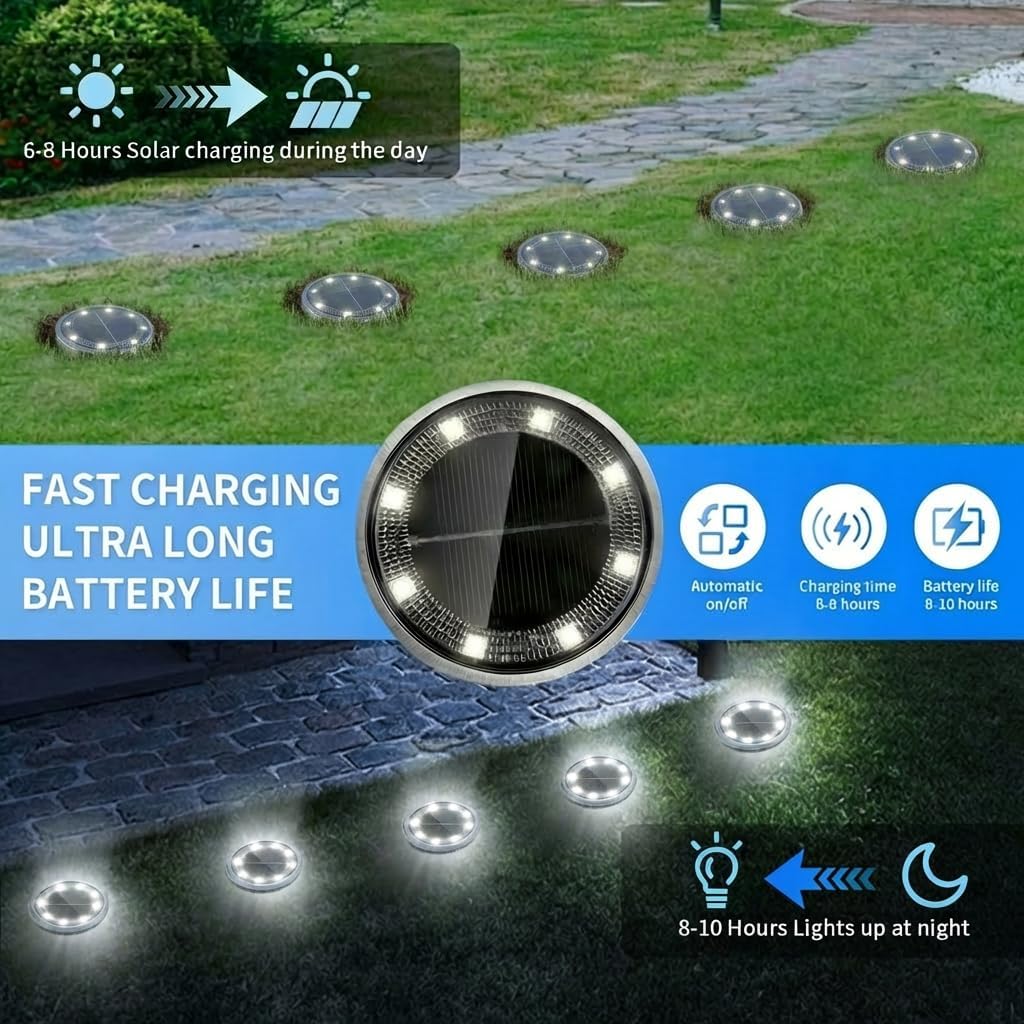(Cool White) 6PCS Solar Floor Lights Outdoor 8 LED Lights Waterproof Outdoor Light IP68 Garden Light Stainless Steel Solar Lamp for Walkway Terrace Outdoor Lawn Entrance