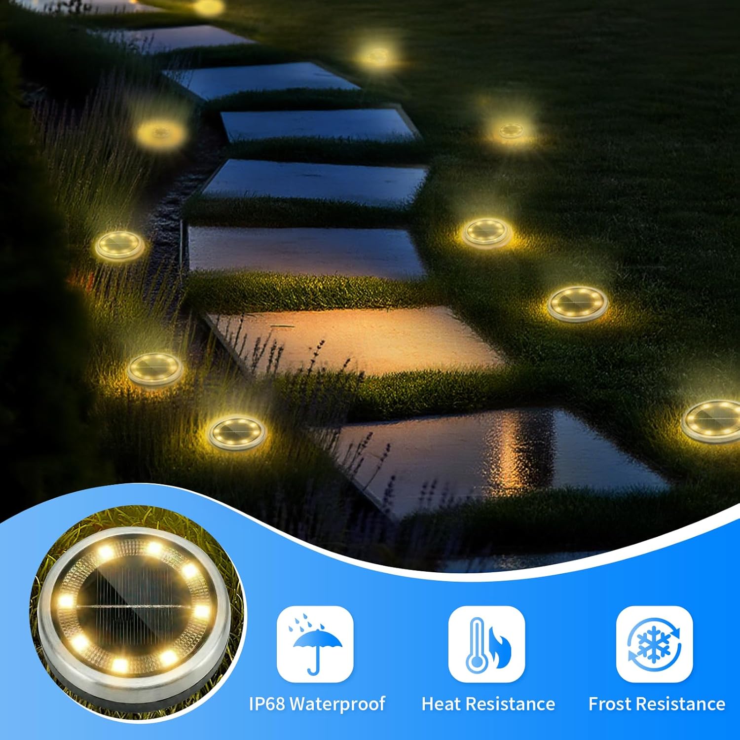(Cool White) 6PCS Solar Floor Lights Outdoor 8 LED Lights Waterproof Outdoor Light IP68 Garden Light Stainless Steel Solar Lamp for Walkway Terrace Outdoor Lawn Entrance