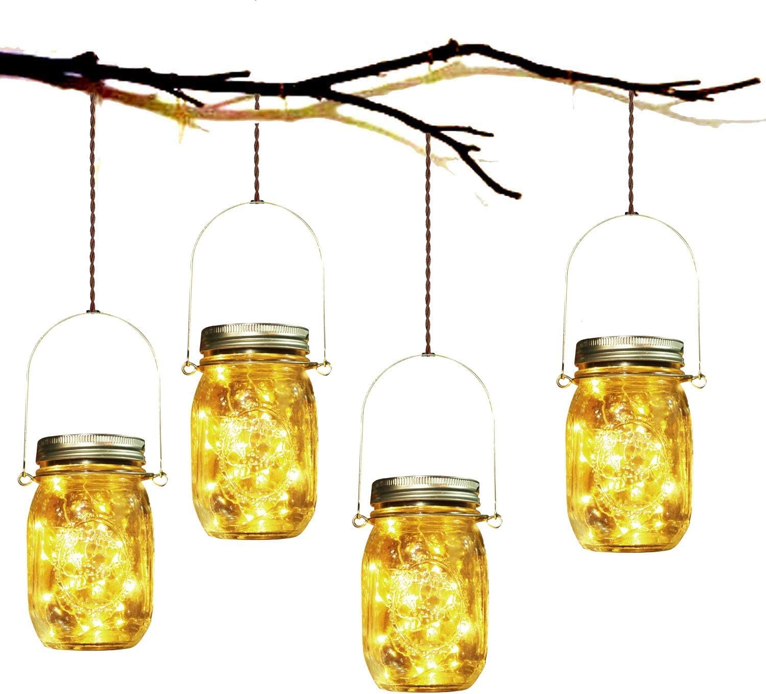 Solar Mason Jar Lights 4 Pack Hanging Lanterns with 30 LED Waterproof Decorative String Lights for Indoor Outdoor Courtyard Wedding Party Christmas