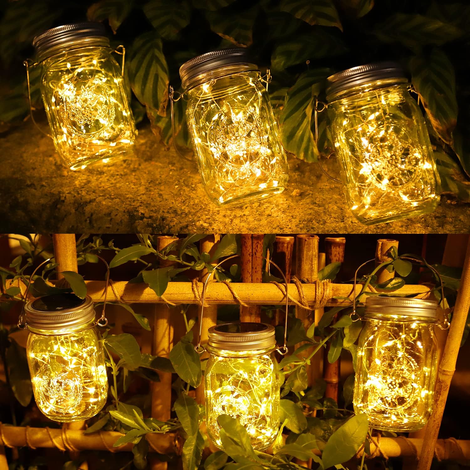 Solar Mason Jar Lights 4 Pack Hanging Lanterns with 30 LED Waterproof Decorative String Lights for Indoor Outdoor Courtyard Wedding Party Christmas