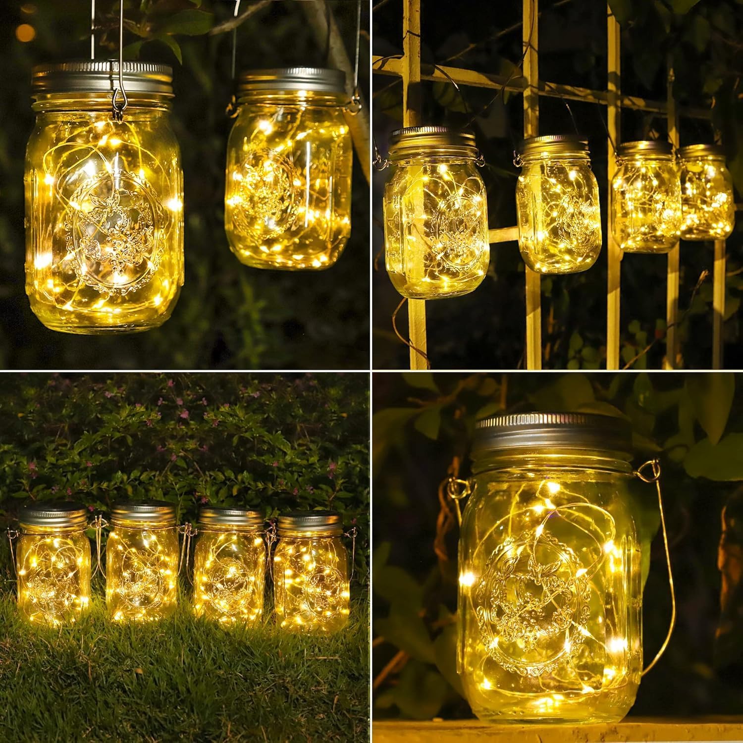 Solar Mason Jar Lights 4 Pack Hanging Lanterns with 30 LED Waterproof Decorative String Lights for Indoor Outdoor Courtyard Wedding Party Christmas