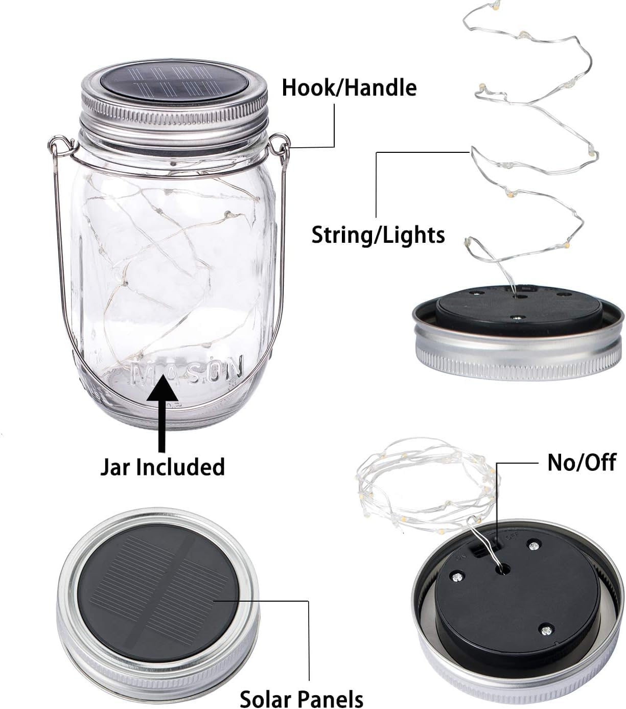 Solar Mason Jar Lights 4 Pack Hanging Lanterns with 30 LED Waterproof Decorative String Lights for Indoor Outdoor Courtyard Wedding Party Christmas