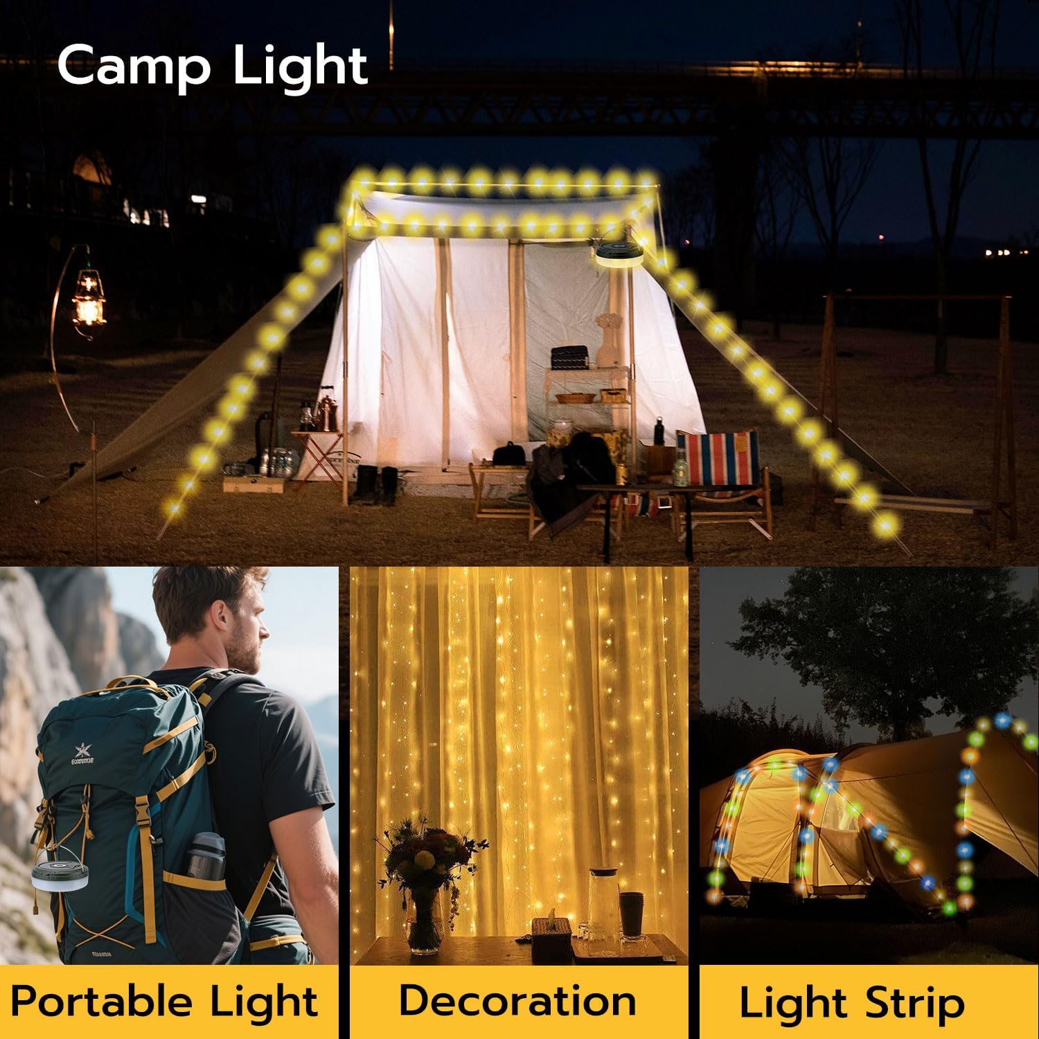 Fary String Light 10m 33ft Solar Camping String Lights with Remote Control, USB Retractable Dector Fairy Lights 2000mAh with Hook for Outdoor Indoor Camping 