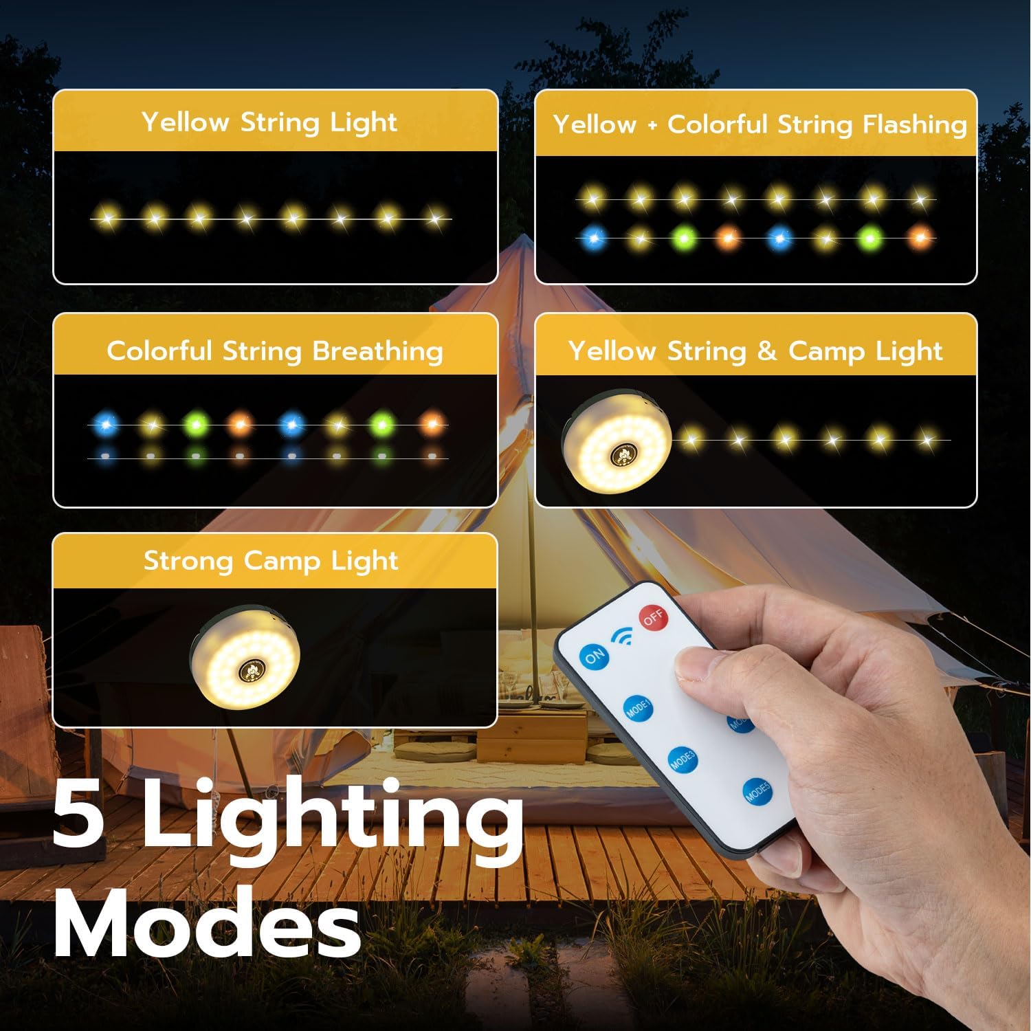 Fary String Light 10m 33ft Solar Camping String Lights with Remote Control, USB Retractable Dector Fairy Lights 2000mAh with Hook for Outdoor Indoor Camping 
