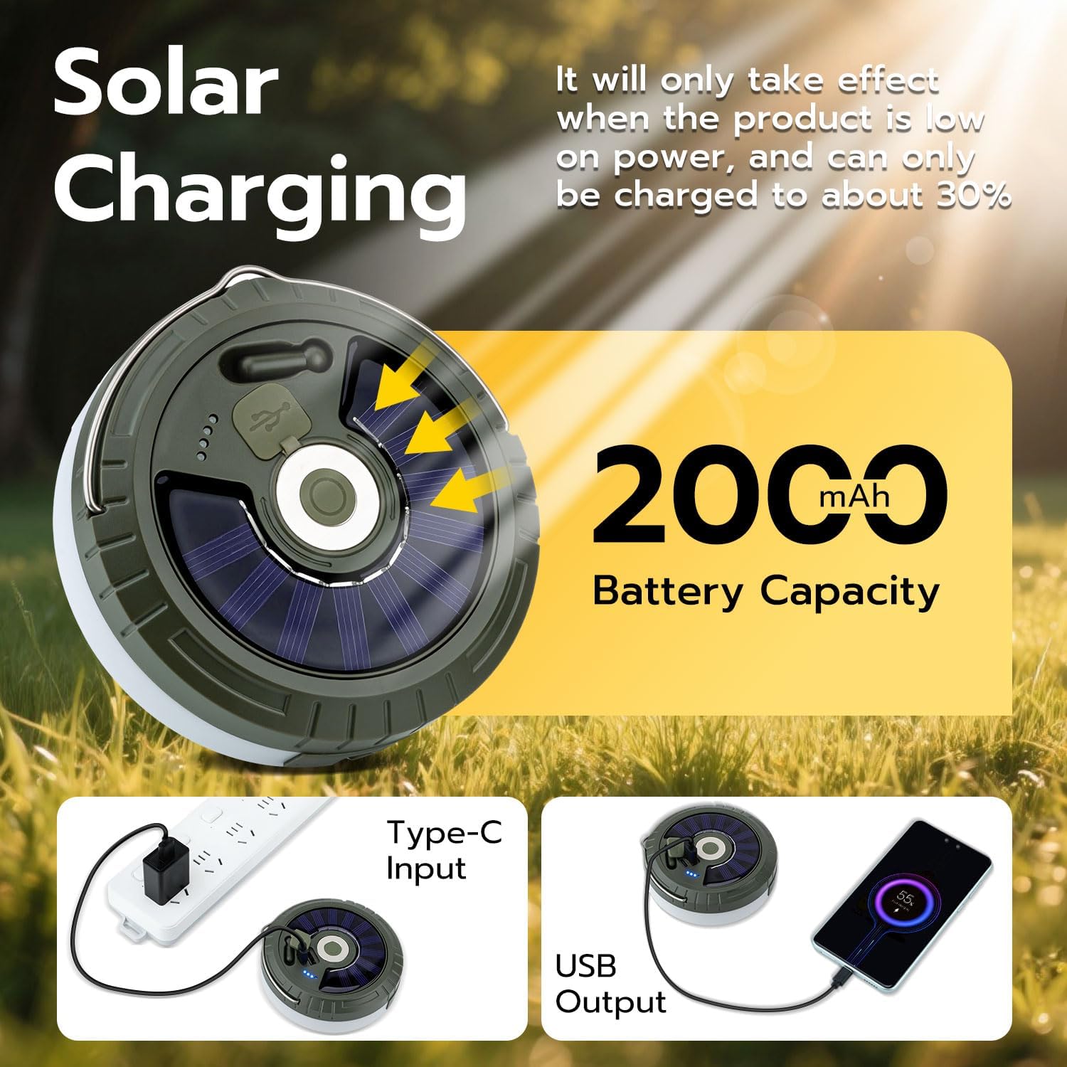 Fary String Light 10m 33ft Solar Camping String Lights with Remote Control, USB Retractable Dector Fairy Lights 2000mAh with Hook for Outdoor Indoor Camping 
