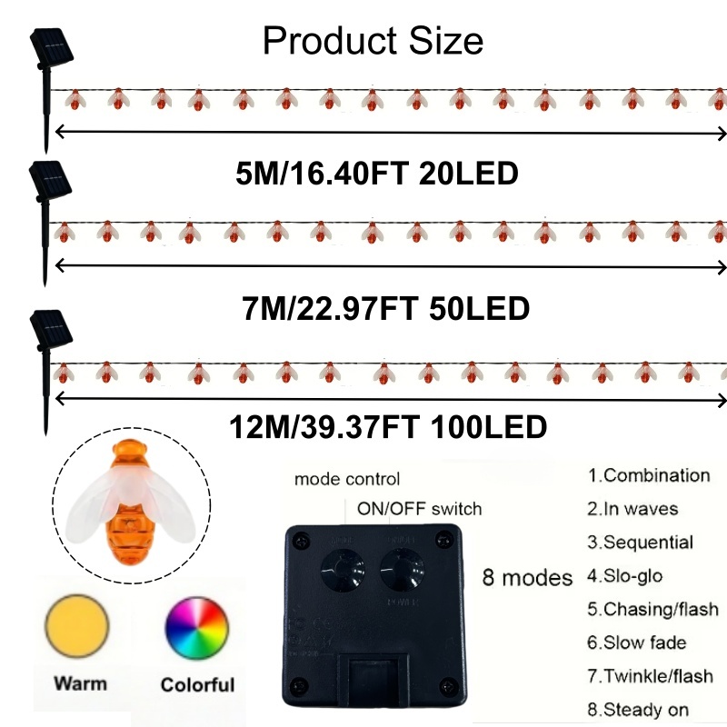 (5M 20LED) Solar powered bee waterproof string lights with 8 lighting modes of lights suitable for outdoor decoratio