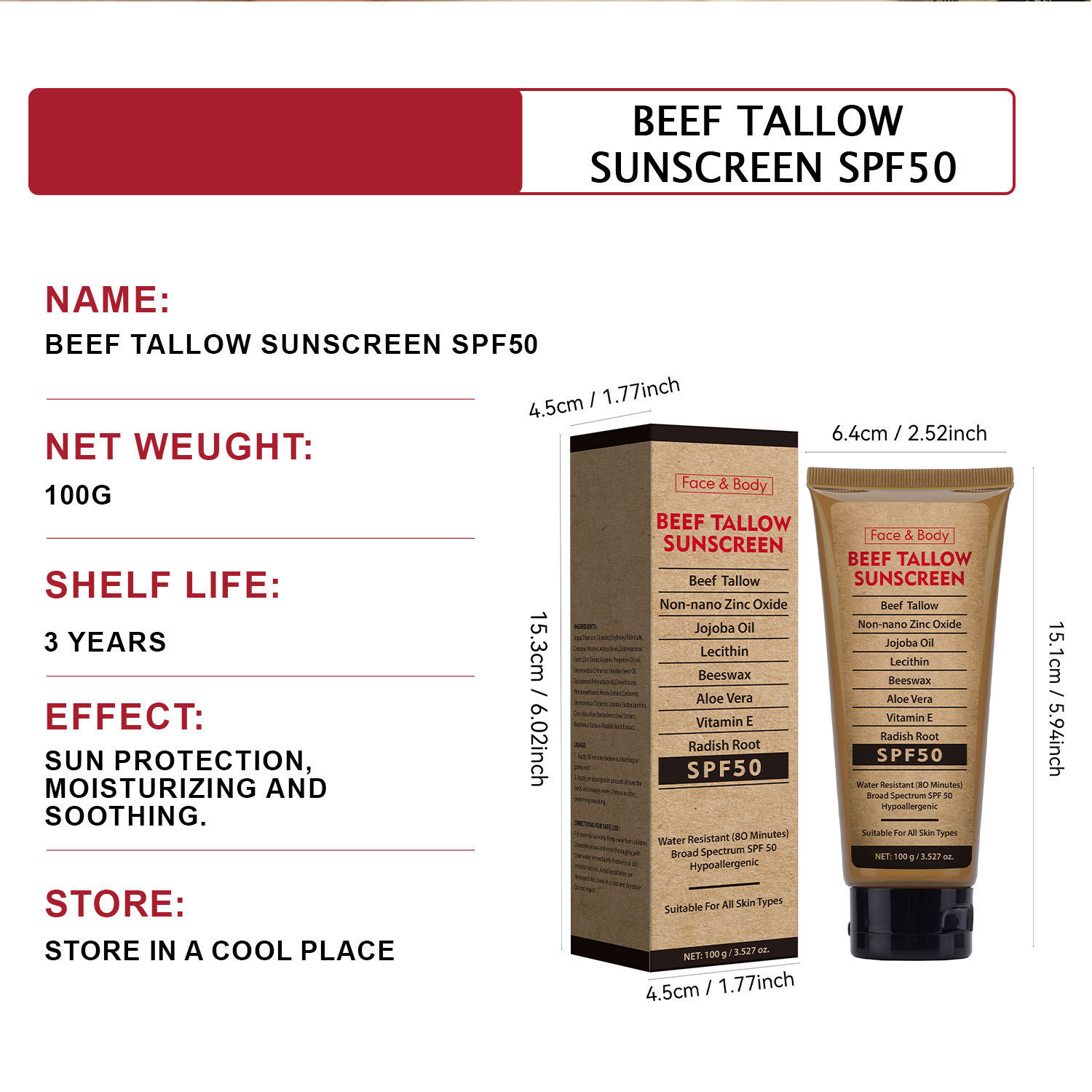 Organic Grass Fed Tallow Protective Cream Waterproof Anti UV Body Lotion Moisturising Sunscreen for Daily Home Care Natural 100ml