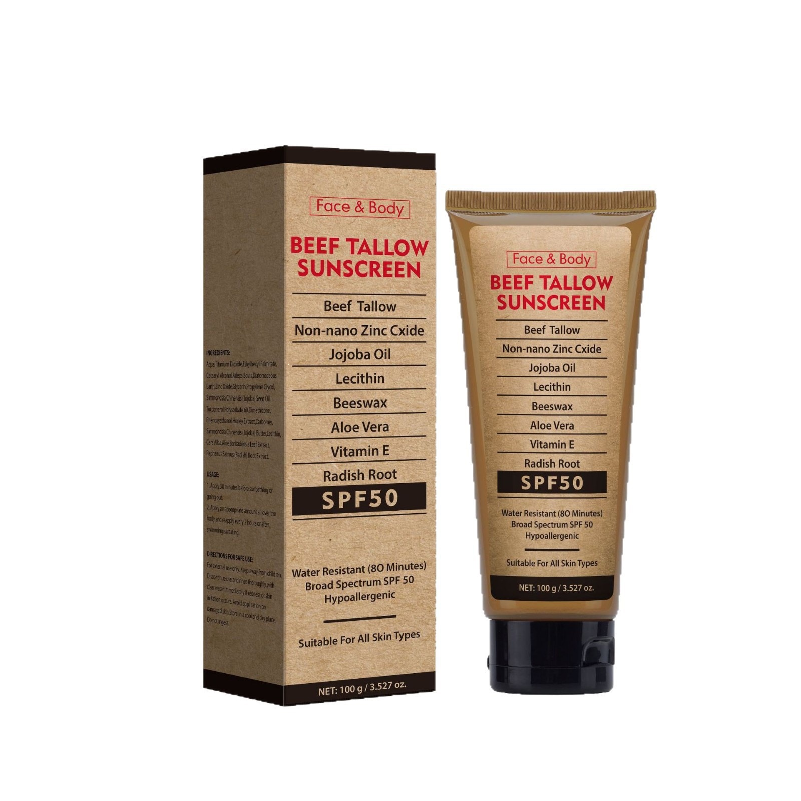 Organic Grass Fed Tallow Protective Cream Waterproof Anti UV Body Lotion Moisturising Sunscreen for Daily Home Care Natural 100ml