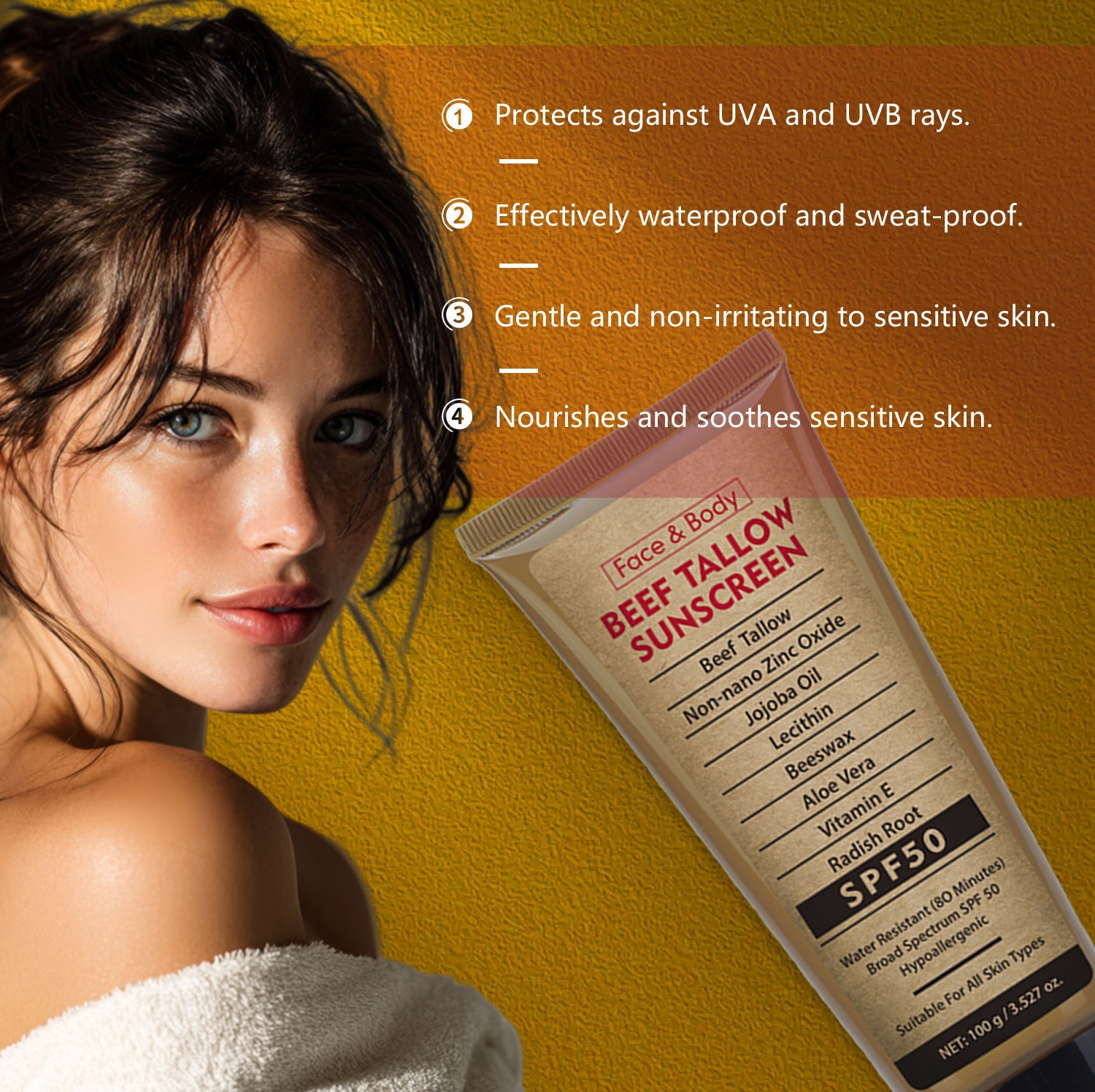 Organic Grass Fed Tallow Protective Cream Waterproof Anti UV Body Lotion Moisturising Sunscreen for Daily Home Care Natural 100ml