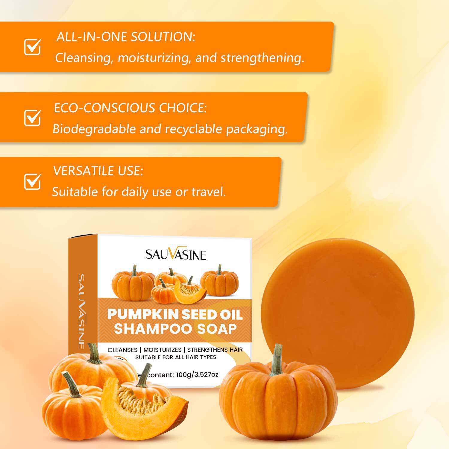 Pumpkin Seed Oil Shampoo Bar Deep Cleansing Frizz Control Nourishing For Dry Damaged Hair Daily Scalp And Strand Care 100g
