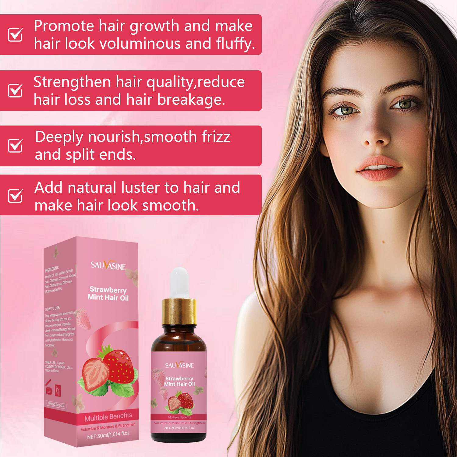 Strawberry Mint Hair Growth Oil Volumizing Strengthening Scalp Soothing Moisturizing For Shine And Smoothness 30ml