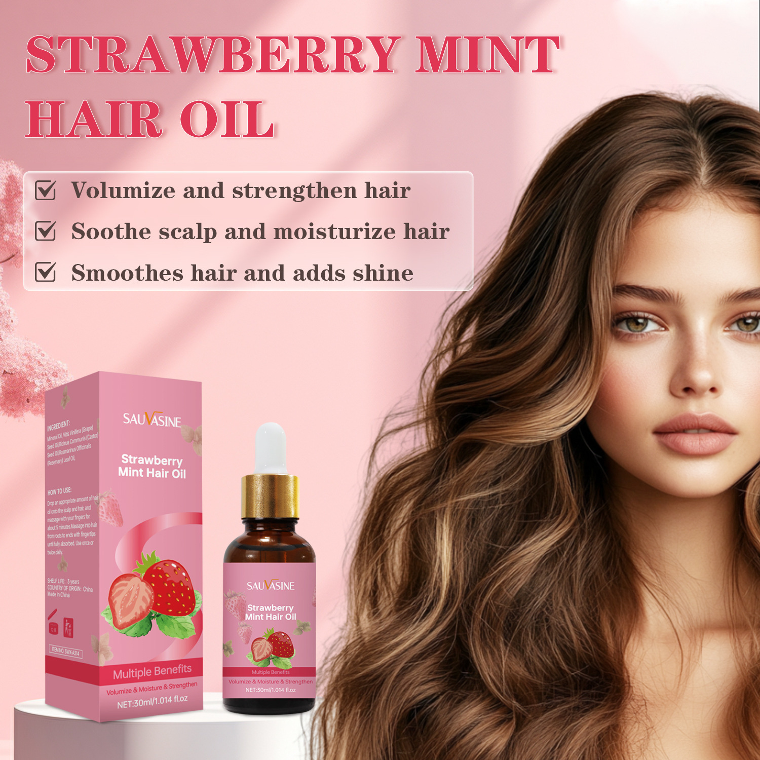 Strawberry Mint Hair Growth Oil Volumizing Strengthening Scalp Soothing Moisturizing For Shine And Smoothness 30ml