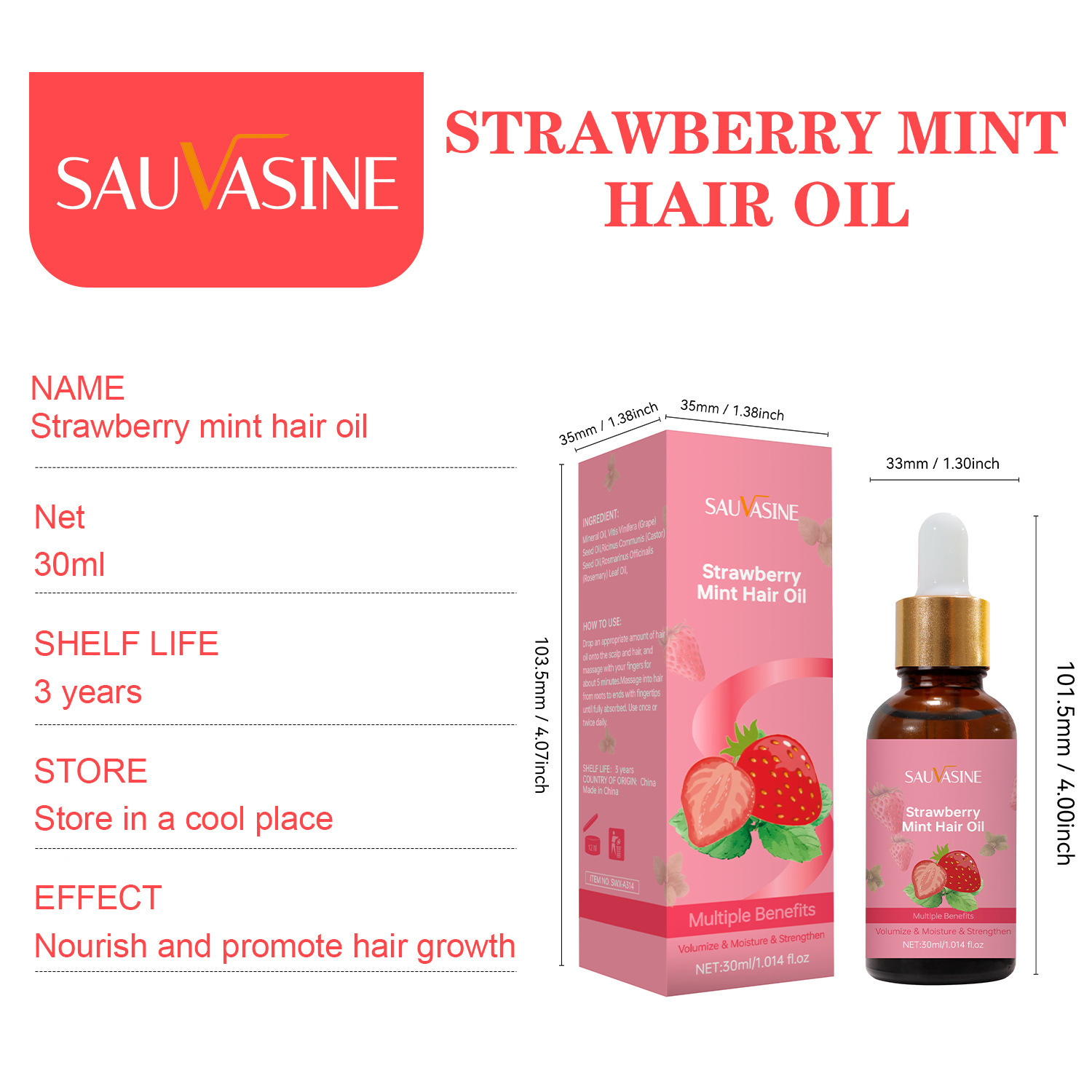 Strawberry Mint Hair Growth Oil Volumizing Strengthening Scalp Soothing Moisturizing For Shine And Smoothness 30ml