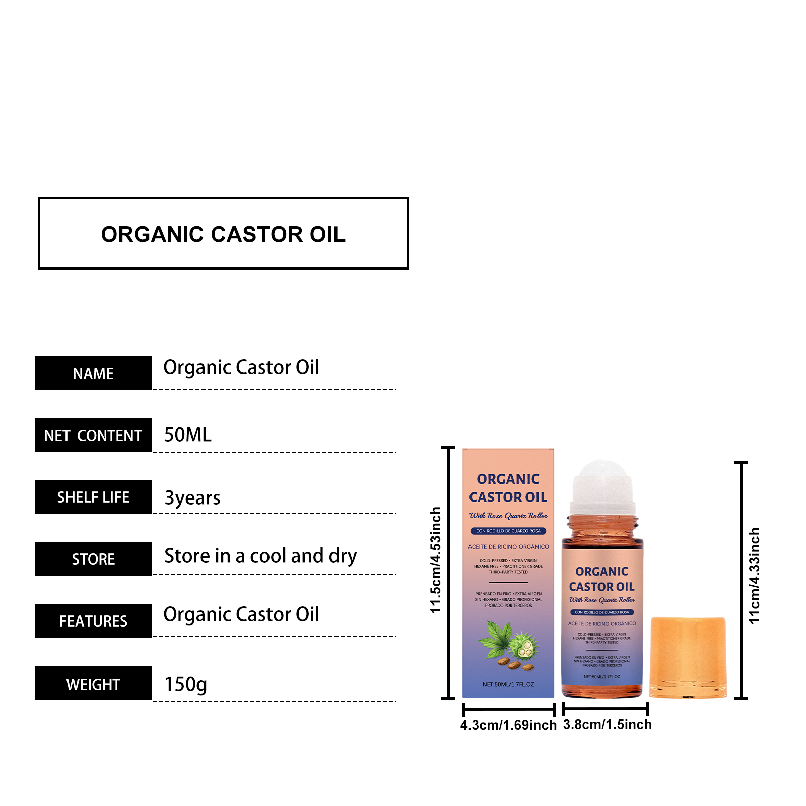 Castor Oil Care Roller Mild Nourish Body Skin Moist Soft Portable Daily Massage Care Liquid Gentle Hydrate Skin Care