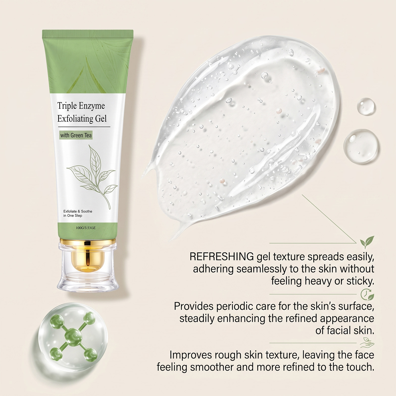 Green Tea Exfoliating Resurfacing Gel Mild Cleansing Hydrating Soft Delicate Smooth Brightening Facial Skin Care
