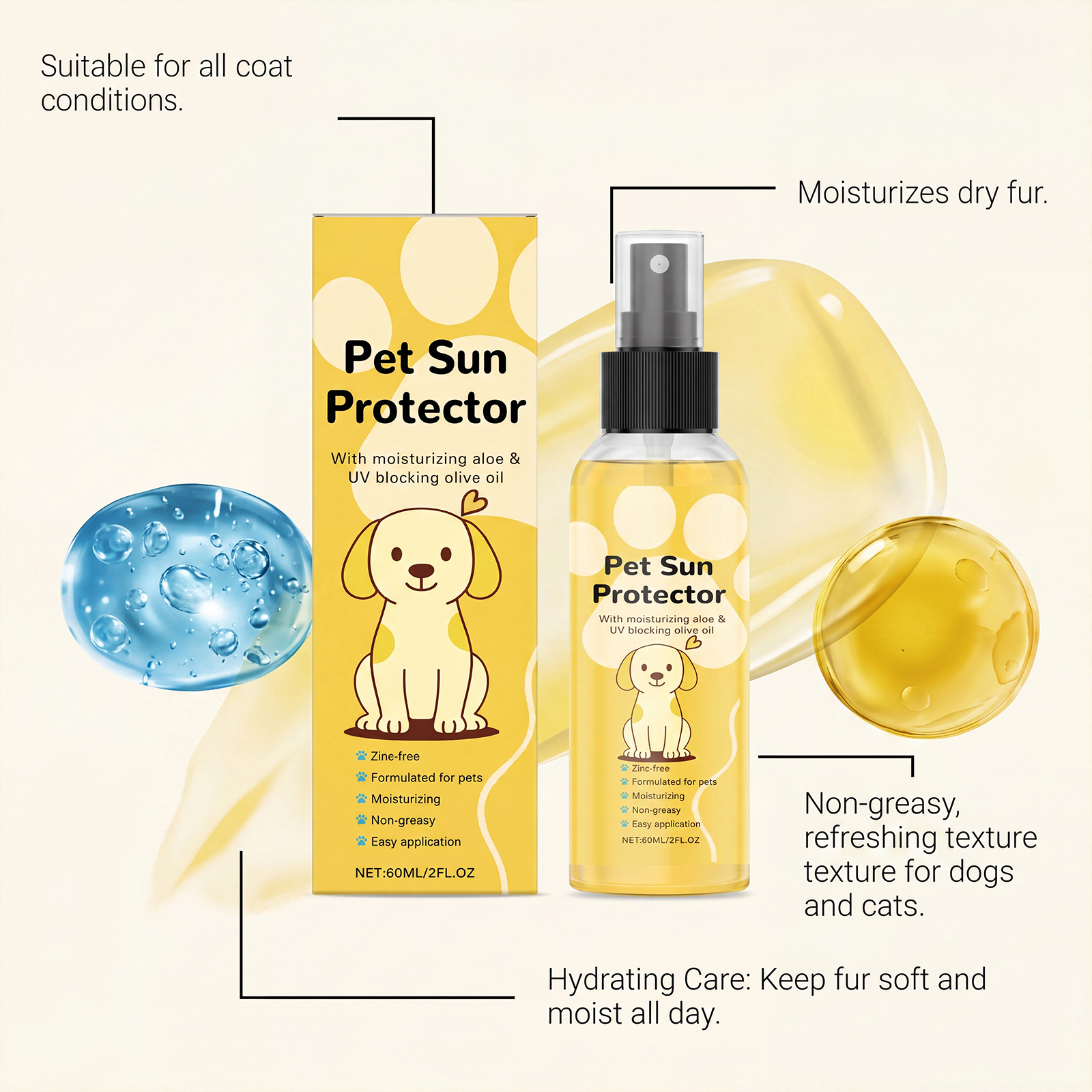 Pet Protective Spray Summer Outdoor Cat Dog Hair Refreshing Non Greasy Gentle Convenient Care