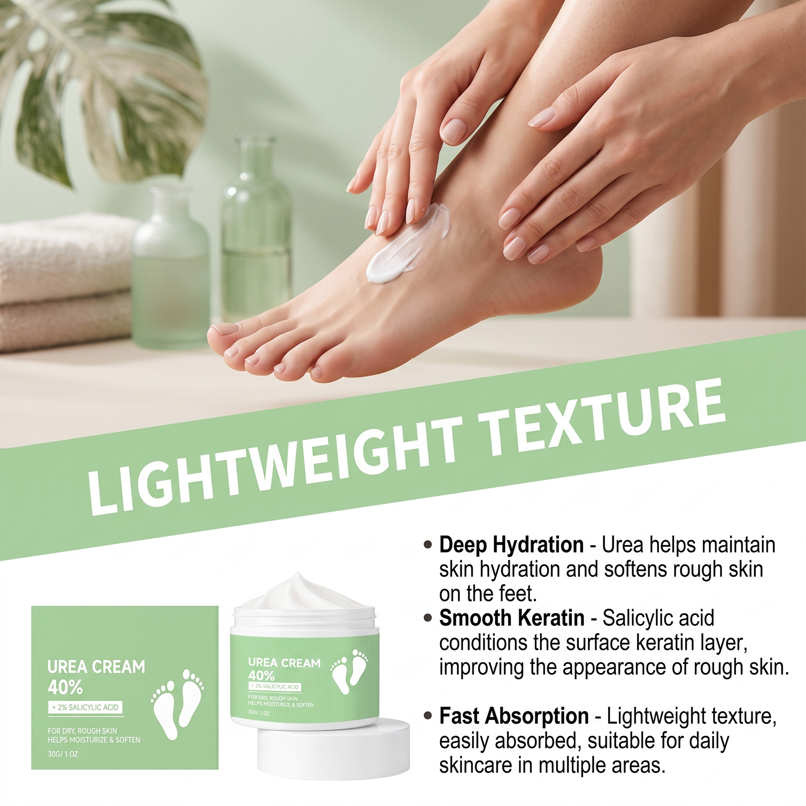 Urea Foot Cream Light Texture Hydrating Non Sticky Deep Moisturizing Smooth Delicate Softens Rough Foot Skin