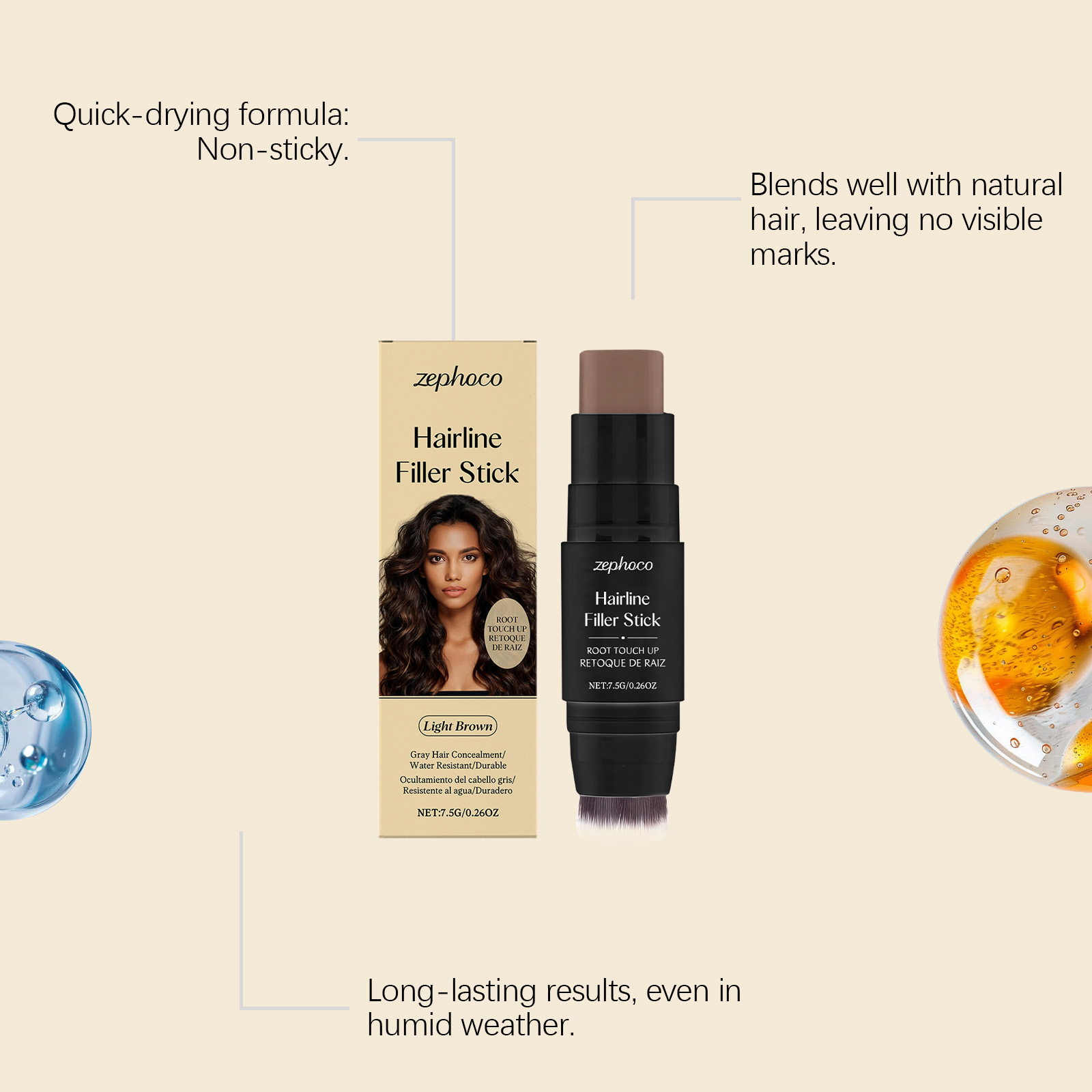 (Brown) Hairline Stick Natural Coverage With Brush Head Non Transfer Portable For Hair Gap Color Filling