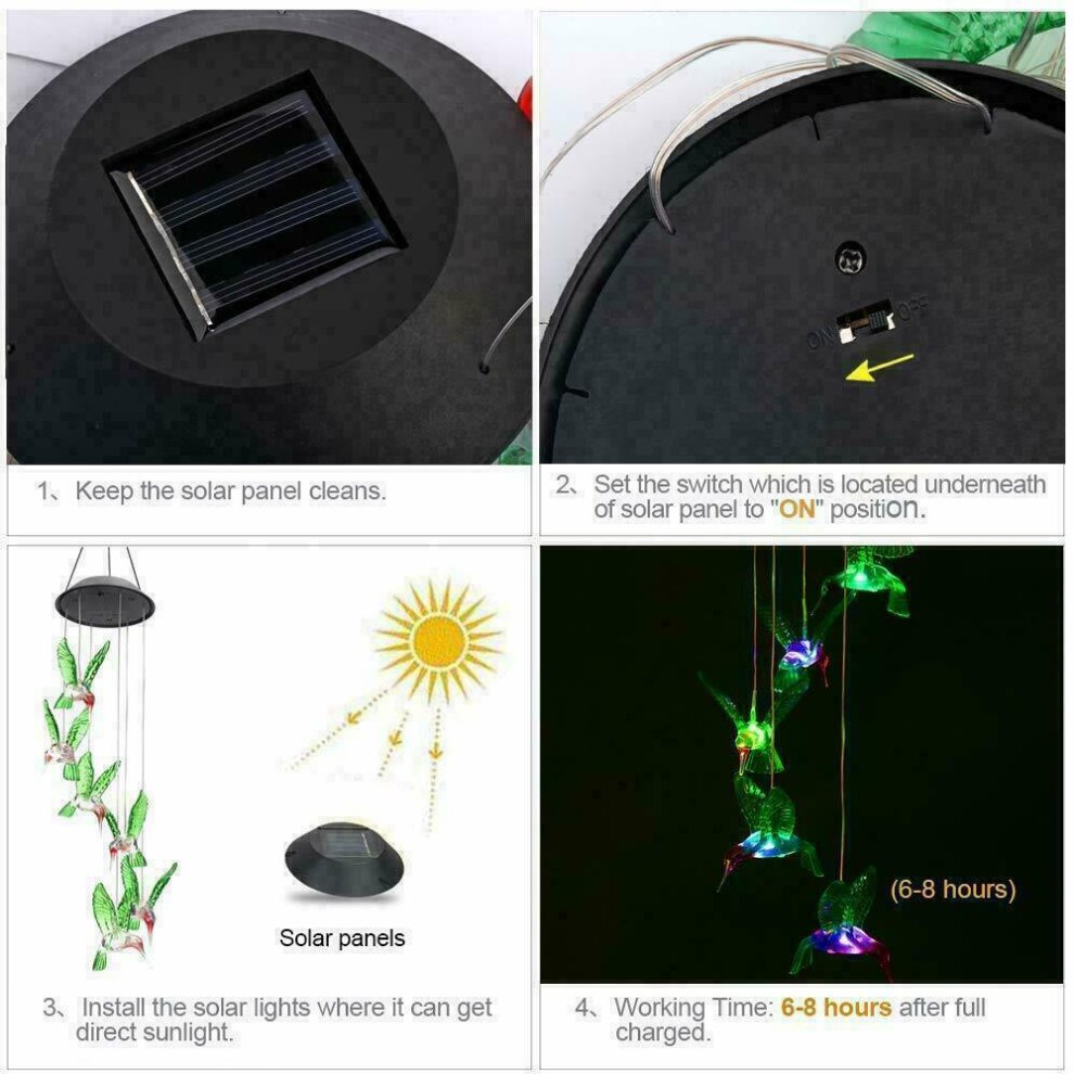 LED Colorful Solar Power Wind Chime Crystal Hummingbird Outdoor Light