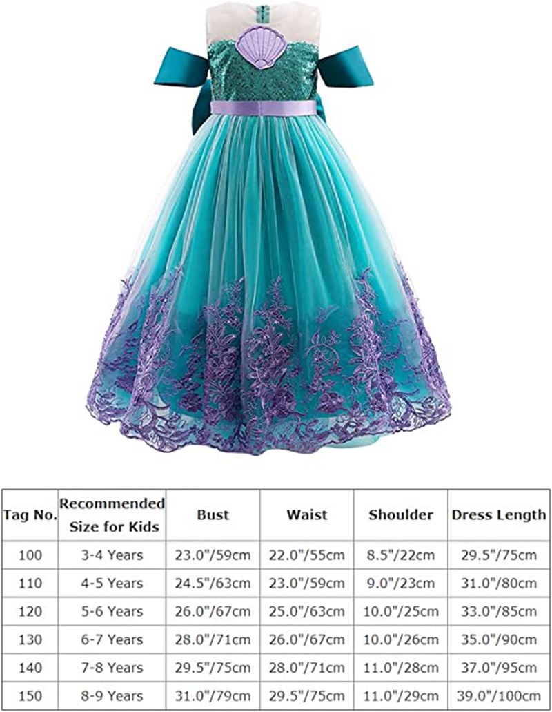 (Green 3~4 Years) Girls Fancy Dress The Little Mermaid Ariel Costume Princess Dress Up Gown Green Sequins Kids Fairy Tales Cosplay Fancy Party Outfits Halloween Carnival Costumes