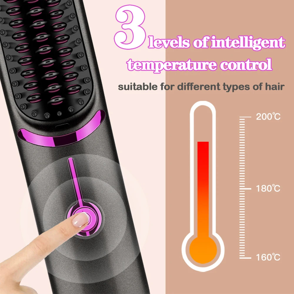 (Black) Hair Straightener Brush Wireless Hair Straightener Comb Mini Travel Electric Hair Comb for Women Portable Rechargeable 3 Temperature Modes Fast Heating